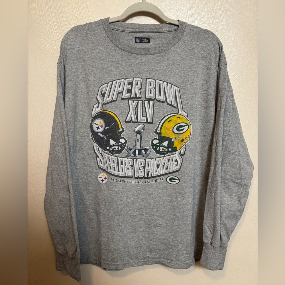 NFL Super Bowl XLV Long Sleeve Tee Shirt‎ Steelers Packers Gray Size Large